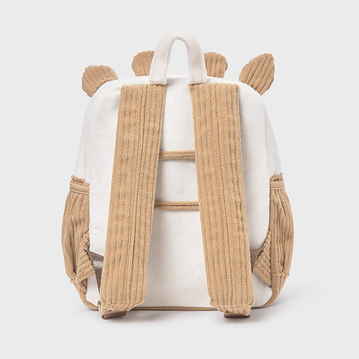 White backpack with beige straps and ears on a white background