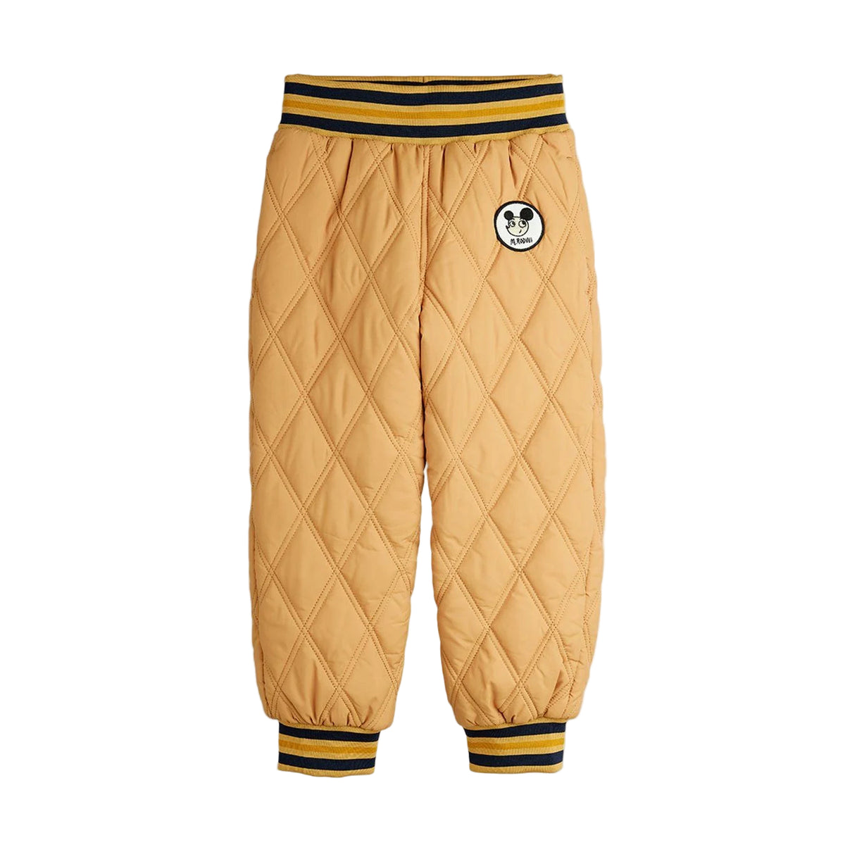 Quilted beige pants with a logo on a white background