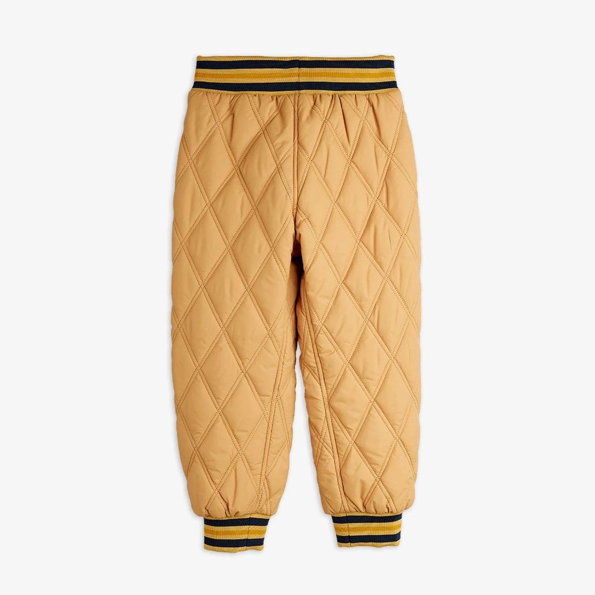 Quilted beige pants with black and yellow trim on a white background