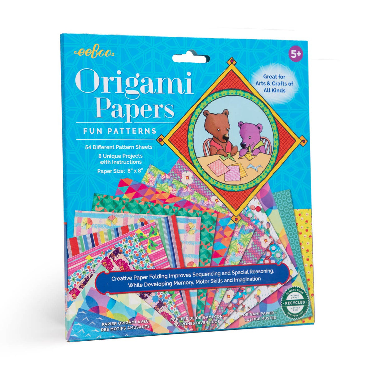 Origami papers packaging with colorful patterns and a bear design on a blue background