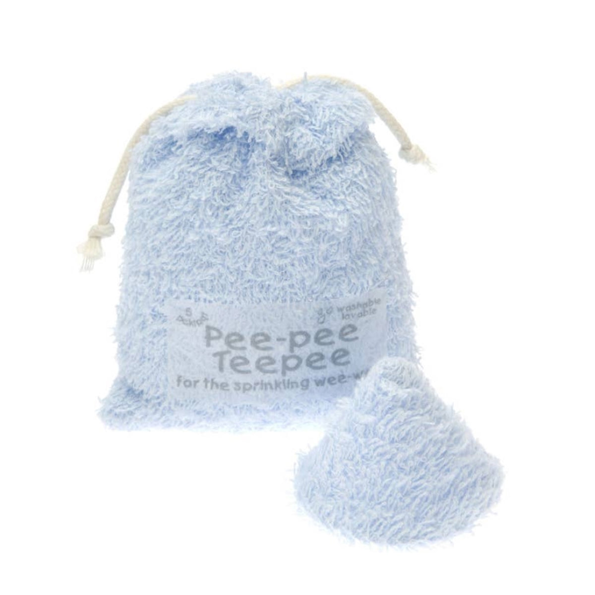 A light blue fluffy drawstring pouch with a matching small light blue pouch placed in front, printed with the text 'Pee-pee Tee-pee for the sprinkling wet-wash'.