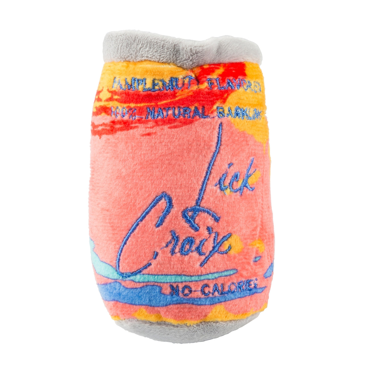 Plush toy resembling a colorful drink container with 'Lick Croix' branding on a white background