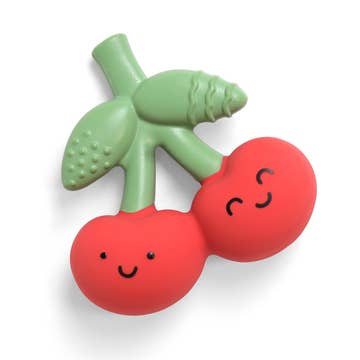 Green and red baby teether with cherry design on a white background
