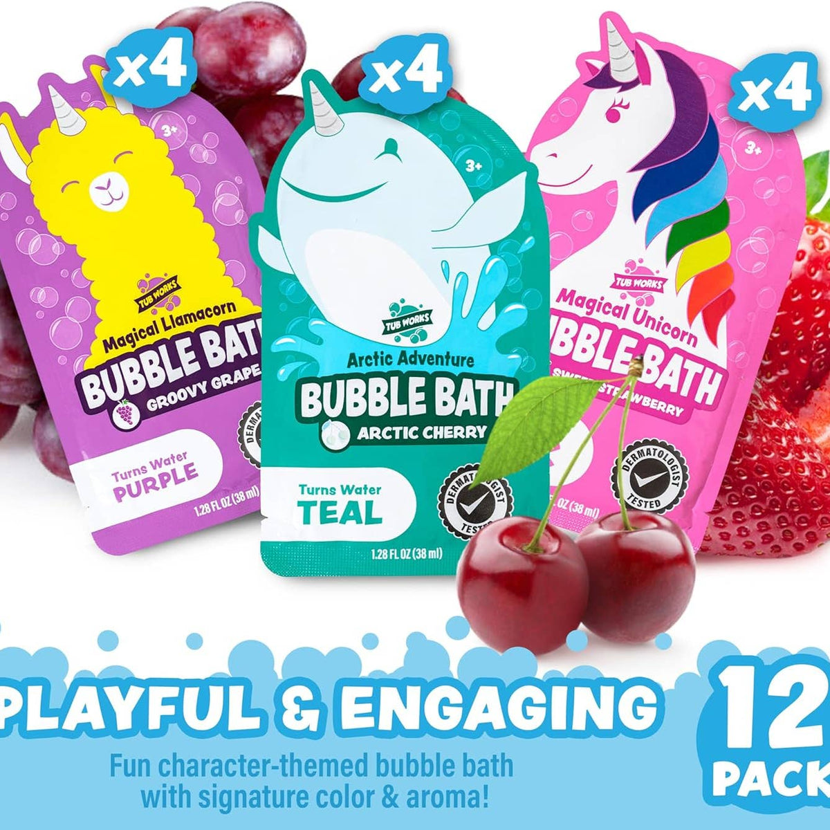 Three packages of bubble bath with colorful packaging and fruit graphics on a white background.