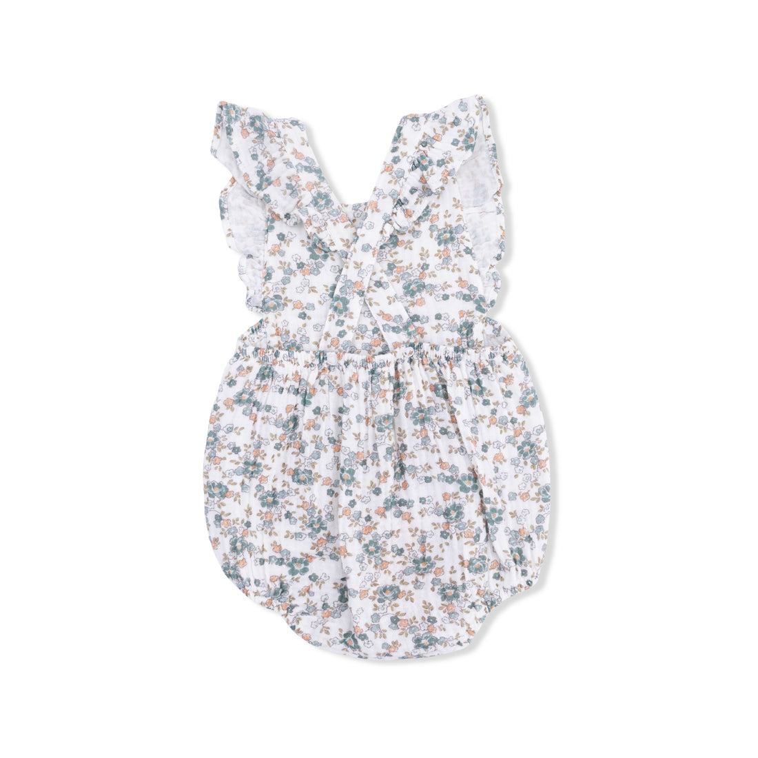 Floral-patterned baby romper on a white background
