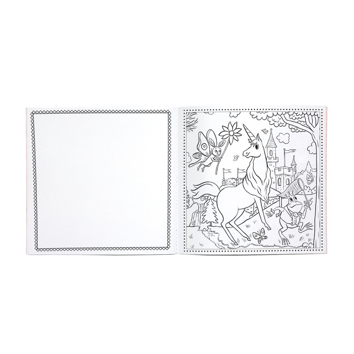 Coloring book with a unicorn and castle illustration on a white background