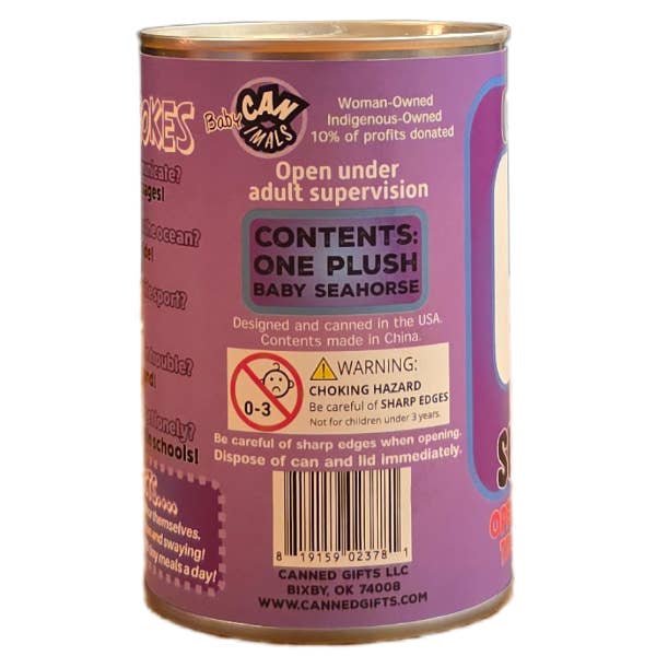 Purple can with text and warning label on a white background