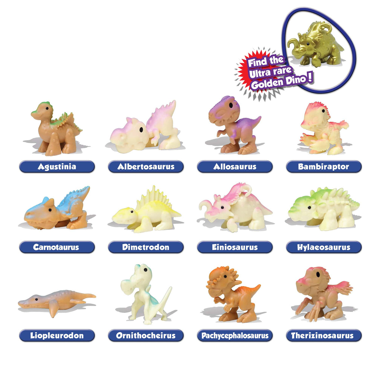 Collection of dinosaur figurines with labels on a white background