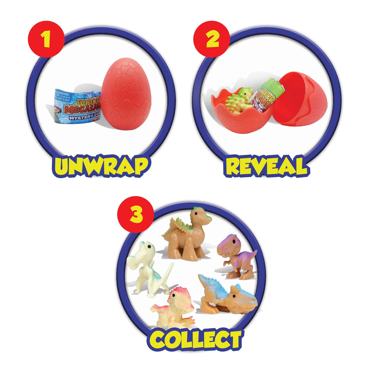 Step-by-step guide to unwrap, reveal, and collect dinosaur toys from a mystery egg.