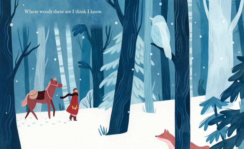 Illustration of a person with a horse in a snowy forest with a bird perched on a tree.