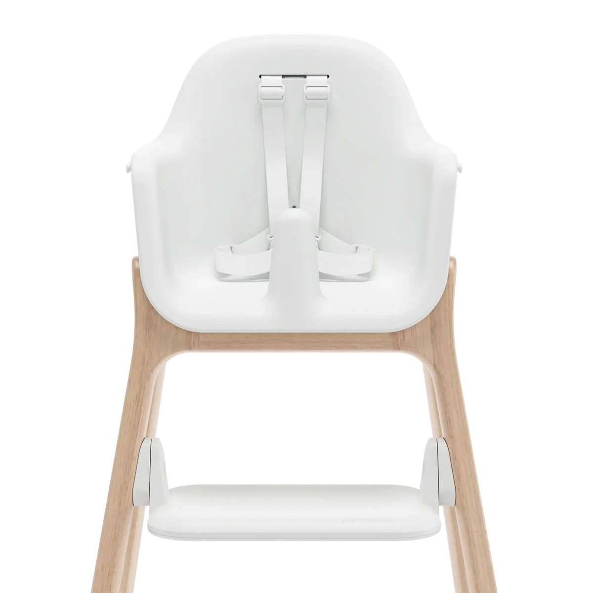 A high chair with a white molded seat and footrest, supported by a light natural wood frame, shown from the back on a white background.