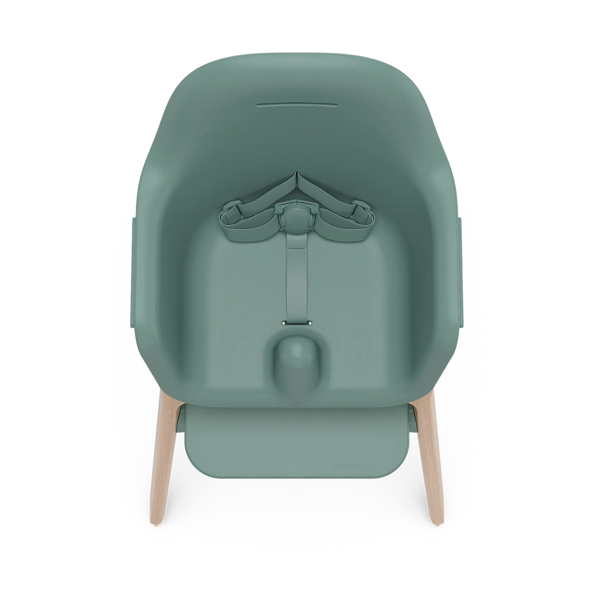 A high-angle studio shot of a stroller in a muted sage green color with light natural wood legs, set against a solid white background.