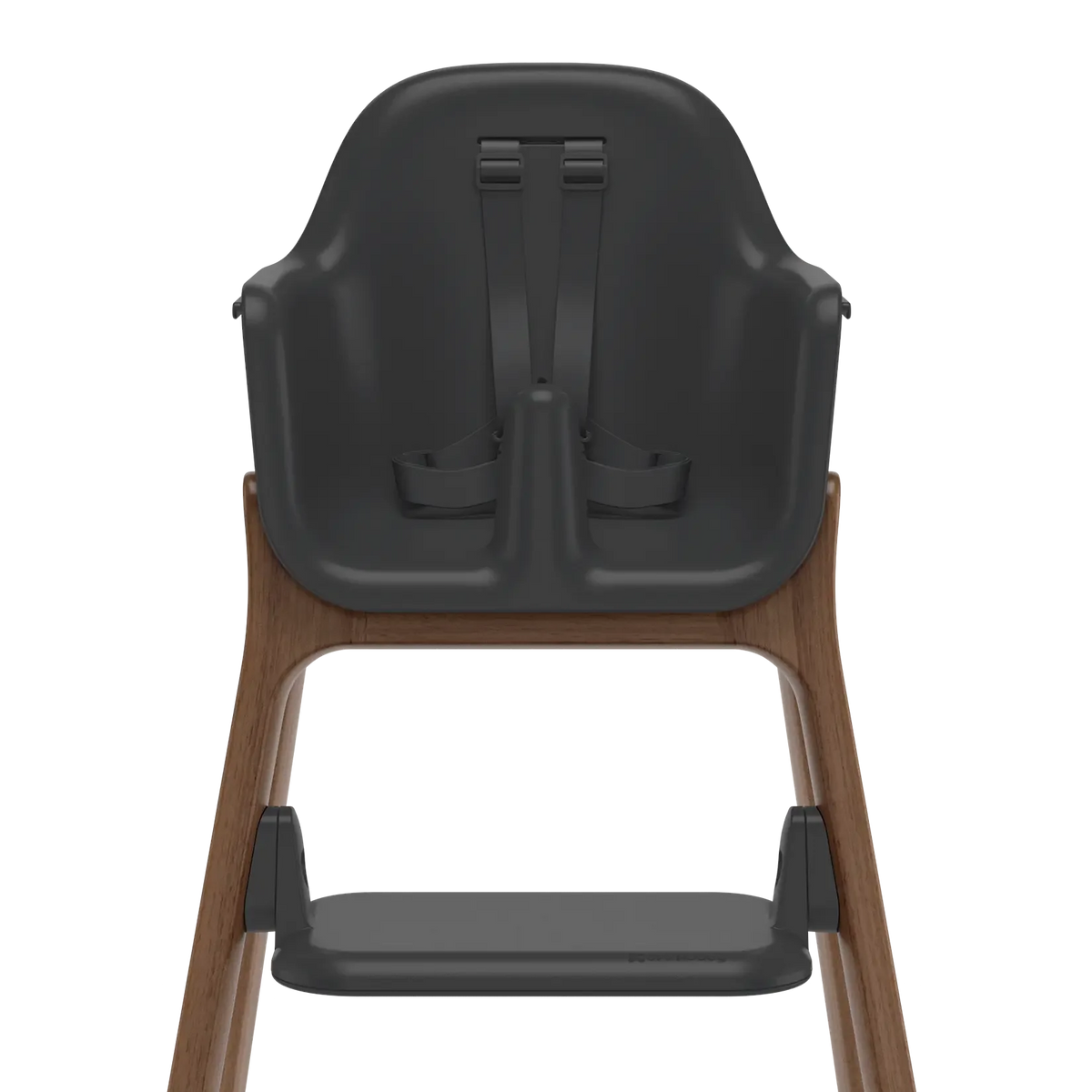 Rear view of a high chair with a dark gray molded plastic seat and harness, supported by a medium brown wooden frame, on a solid white background.