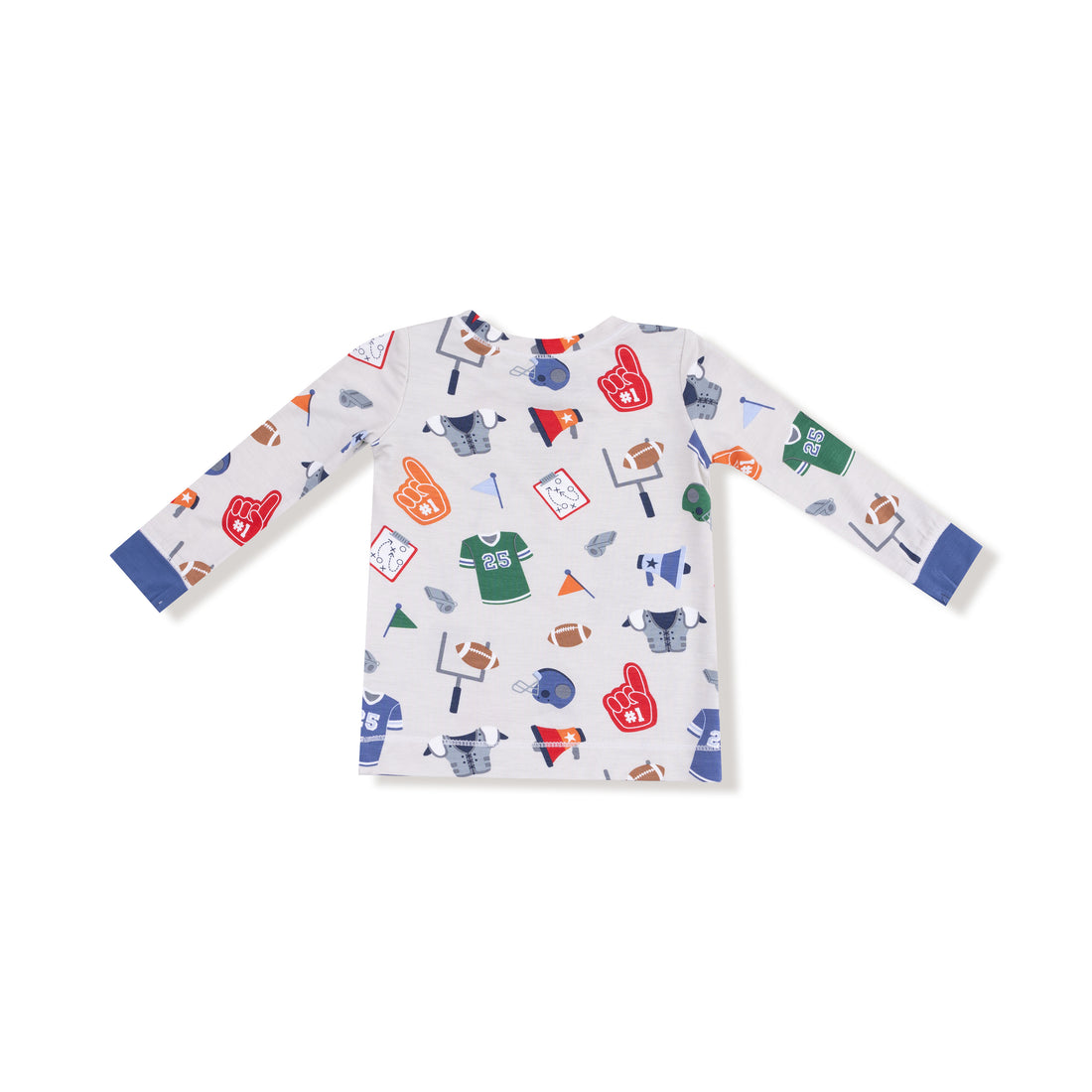A long-sleeve baby shirt with a white base and an all-over sports-themed print featuring footballs, jerseys, helmets, and foam fingers in multiple colors, finished with solid blue cuffs.