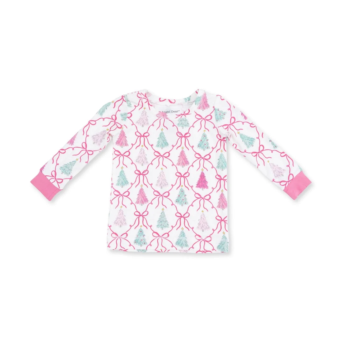 A long-sleeve children's top with a white base, featuring an all-over pattern of pink bows and Christmas trees in pink and mint green, finished with solid pink cuffs.