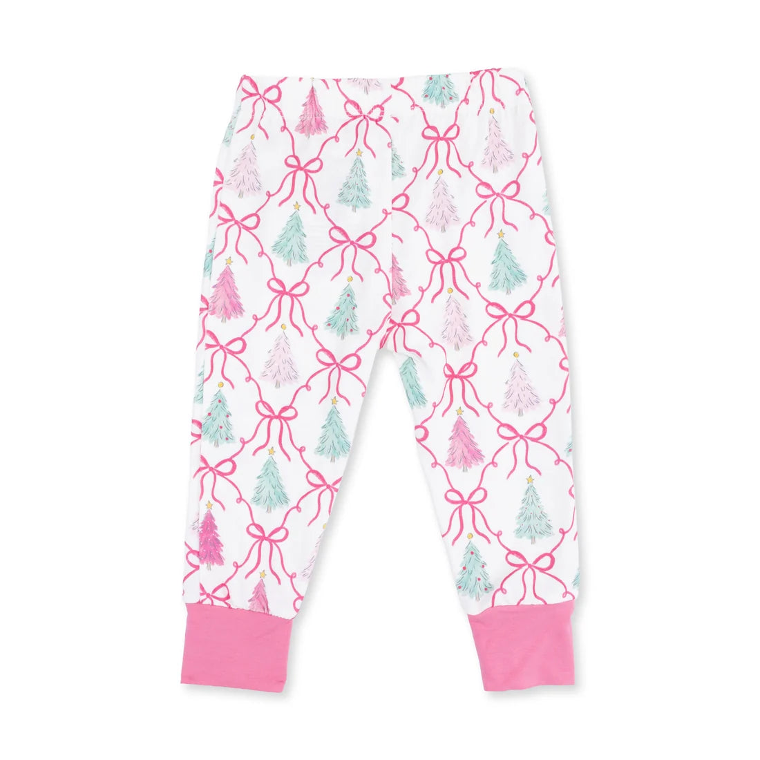 White children's pajama pants with a pink and mint green Christmas tree and bow pattern, featuring solid pink ribbed ankle cuffs.