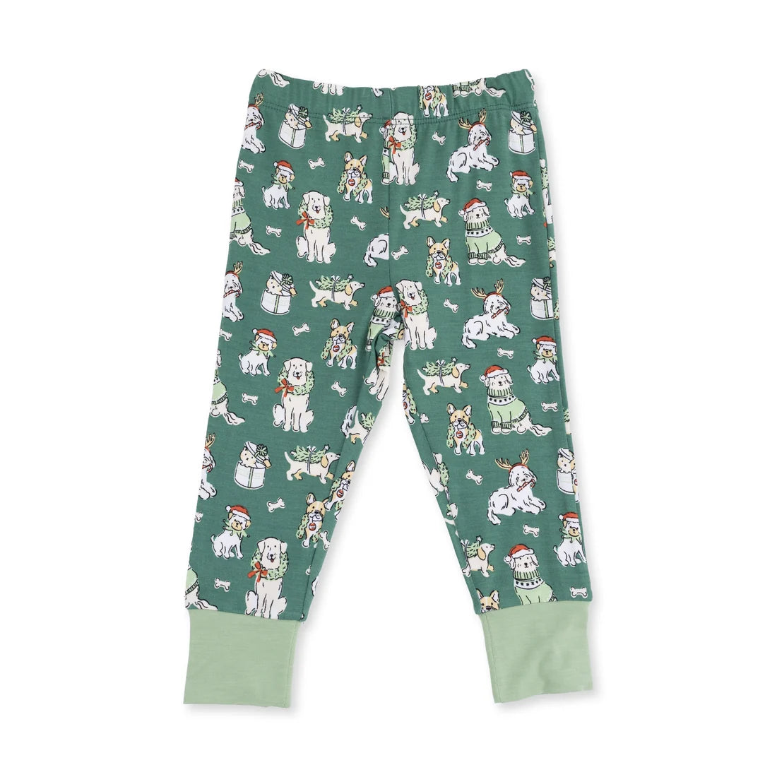 Green children's leggings with dog pattern on a white background