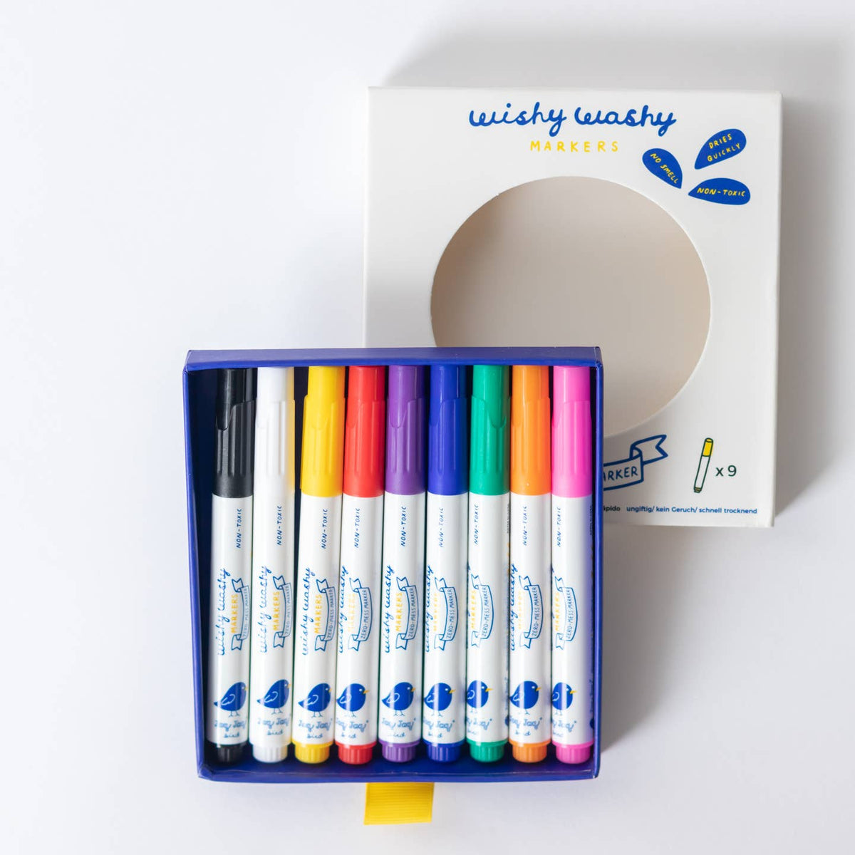 Set of colorful markers with a box labeled 'Wishy Washy' on a white background