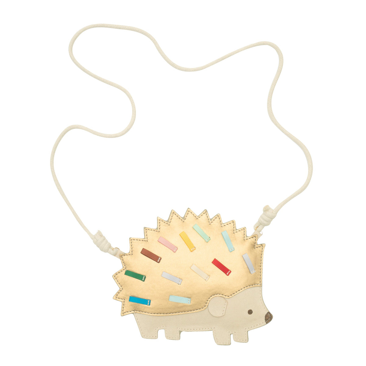 Hedgehog-shaped bag with colorful spikes on a white background