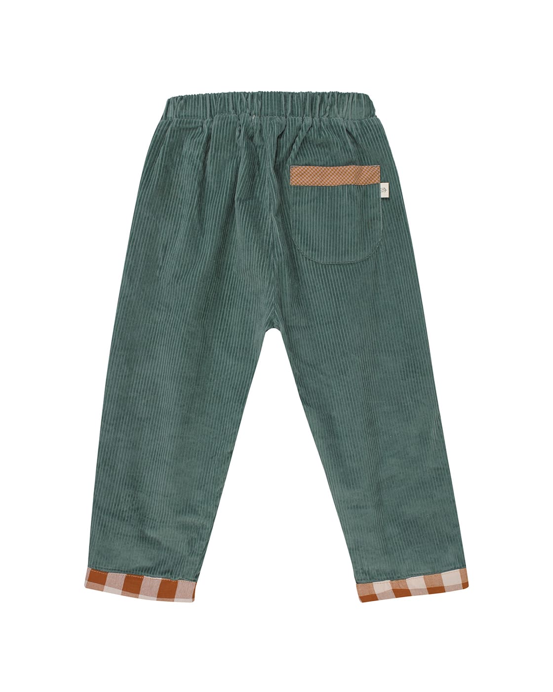 A pair of children's corduroy pants in a muted sage green color, featuring an elastic waistband, a back pocket with a tan leather accent, and orange-and-white gingham trim at the turned-up cuffs.