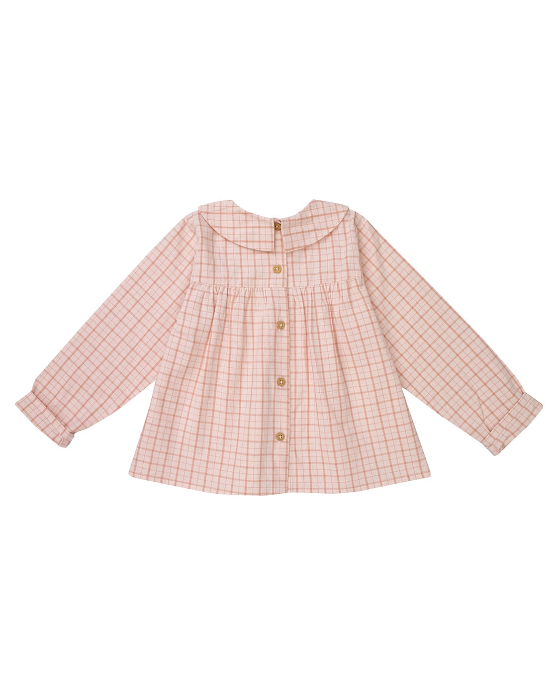 A long-sleeve baby blouse with a pink and white checkered pattern, featuring a Peter Pan collar, buttoned front, and gathered waist details, shown flat on a white background.
