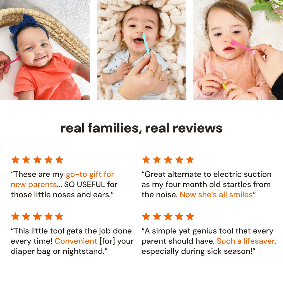 Three babies using a tool, with text reviews below on a white background.