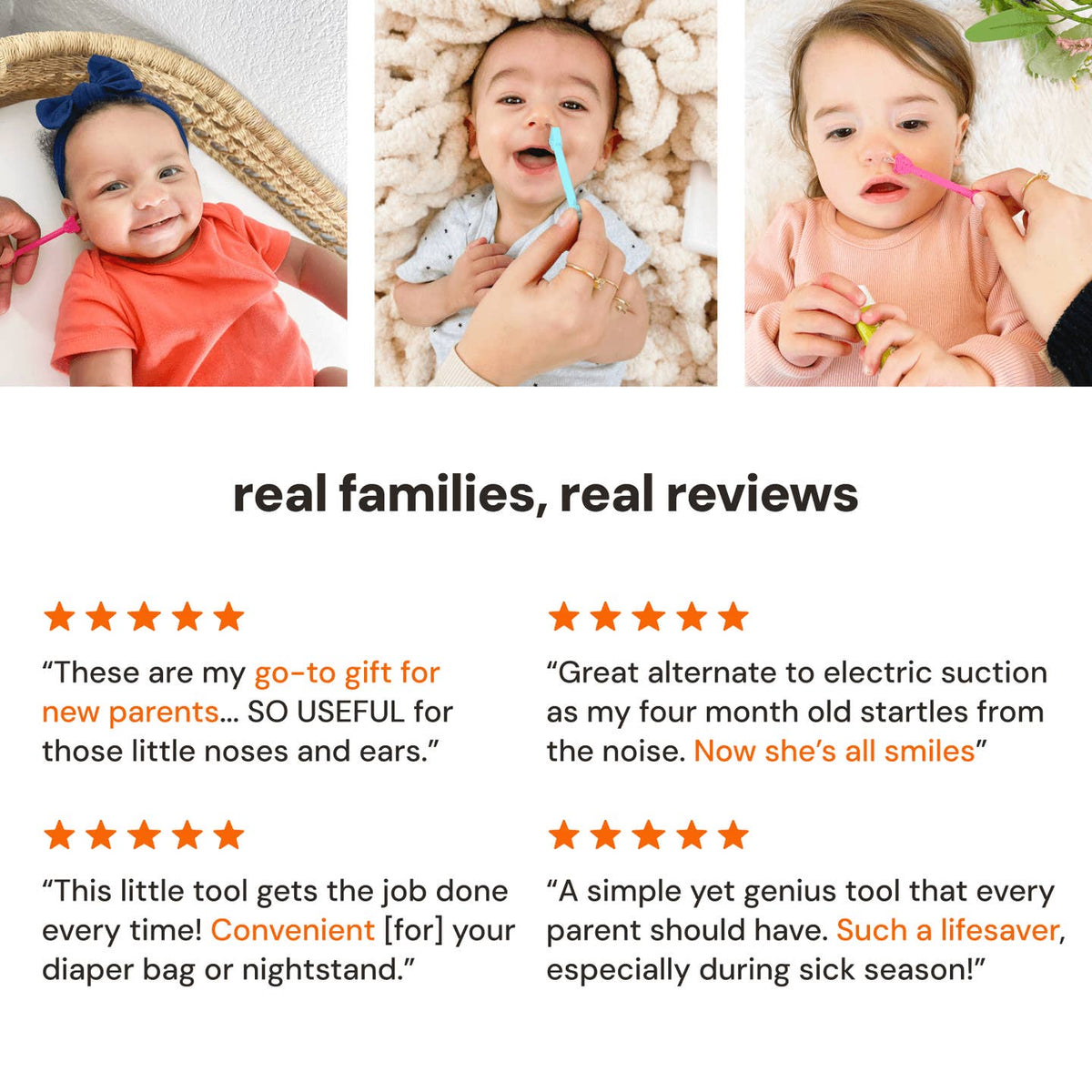 Product review section with baby images and text on a white background