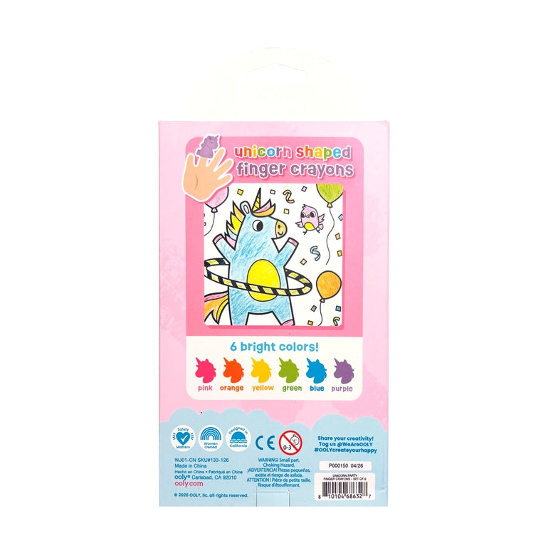Unicorn-shaped finger crayon packaging in a pink box with a unicorn illustration and a row of six colorful crayon icons labeled pink, orange, yellow, green, blue, and purple.