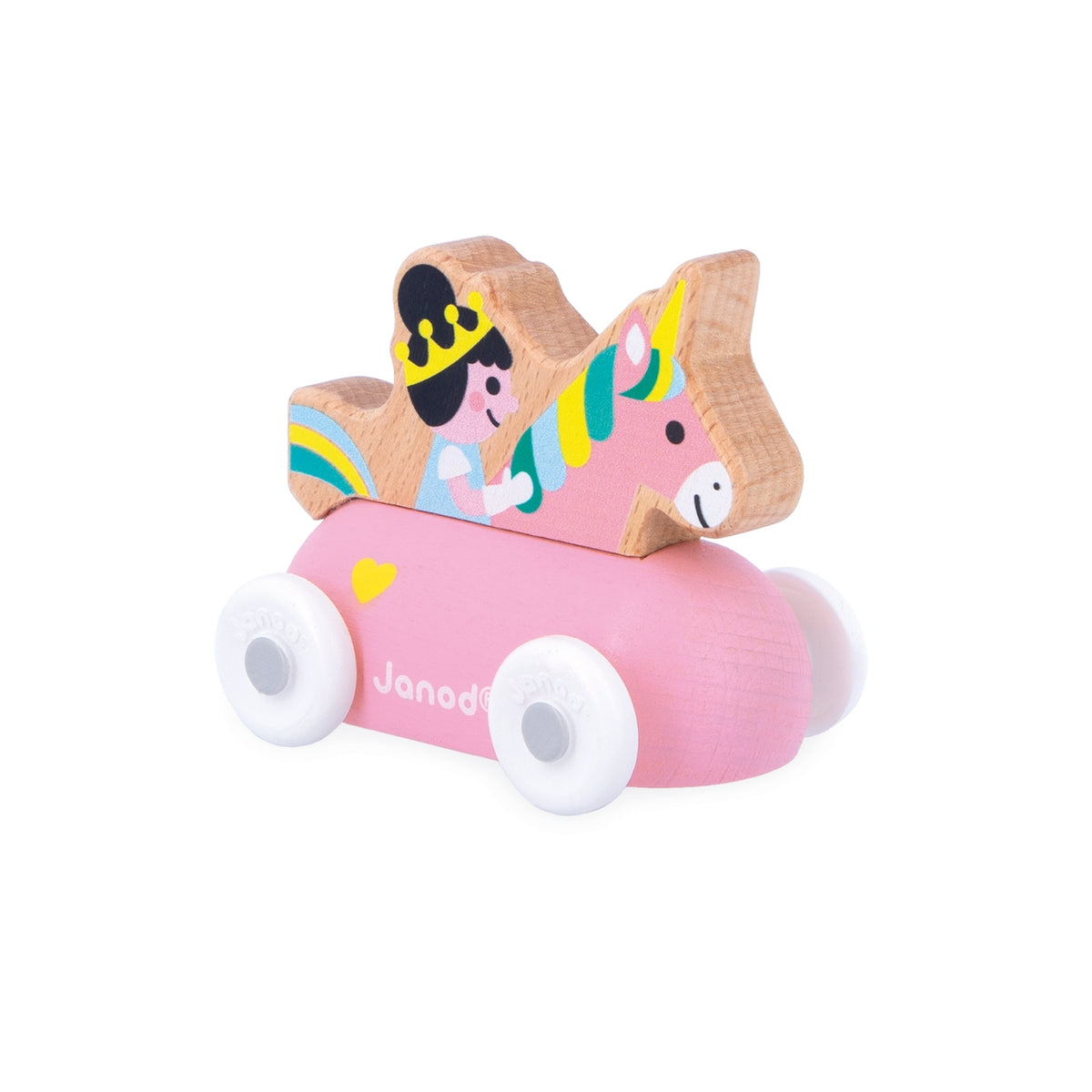 Wooden toy with a pink base, unicorn design, and Janod branding on a white background