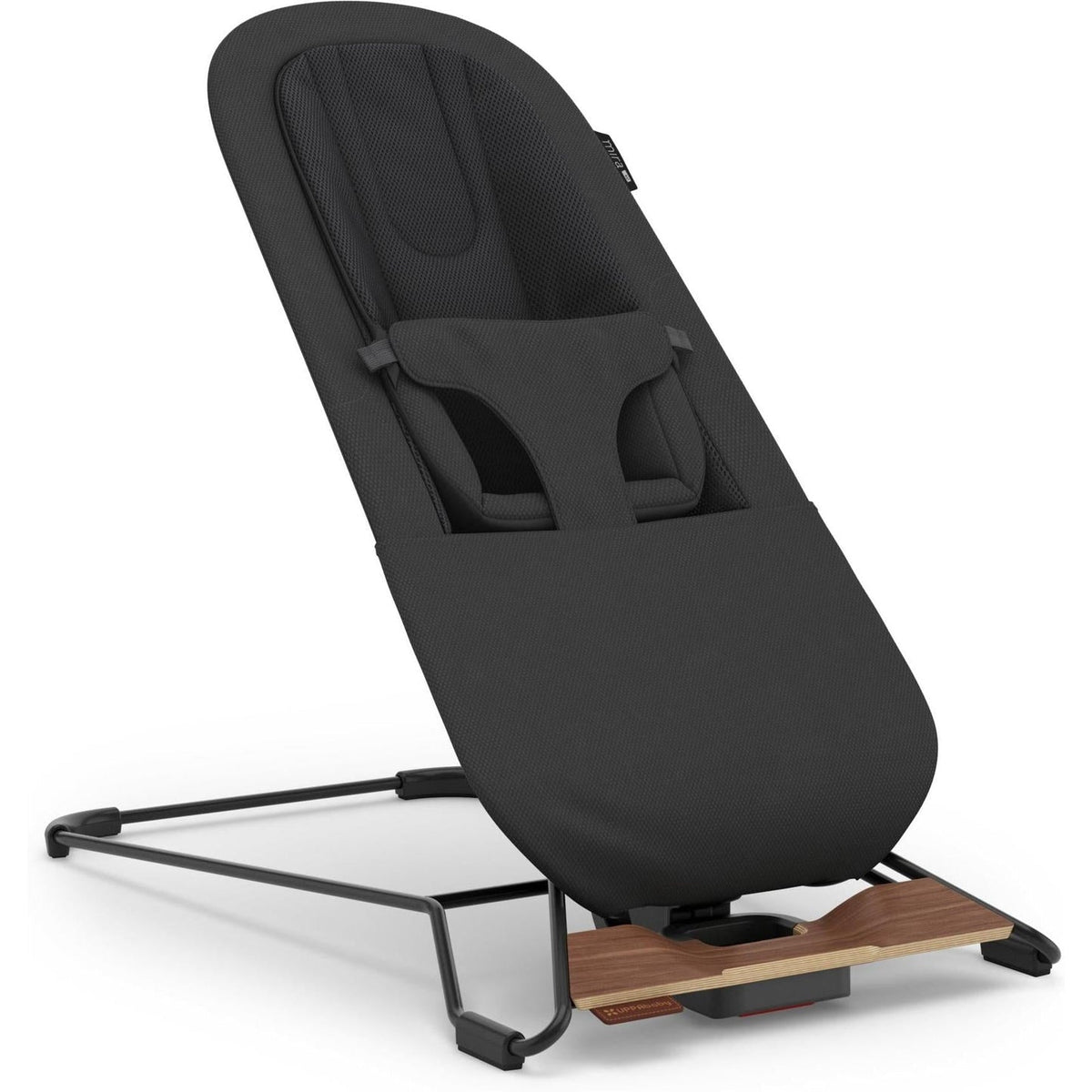 A black baby bouncer seat with a black fabric cover, black metal support frame, and a small wooden base, shown on a plain white background.