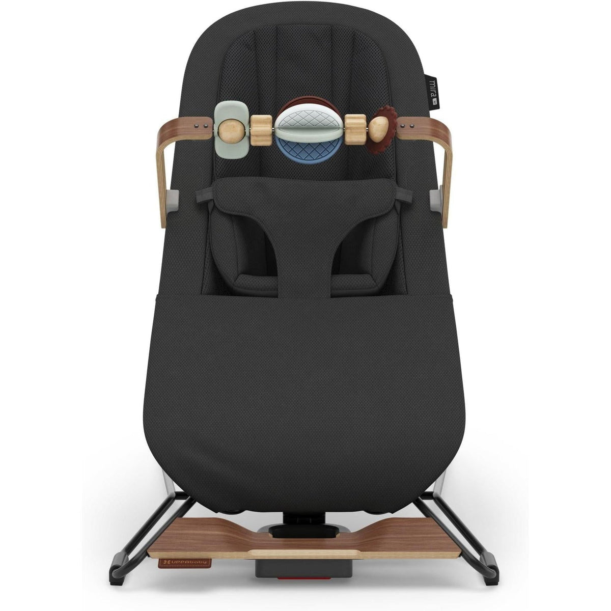 A high-terrain baby seat in black fabric with light wood accents and a matching black and wood headrest attachment, shown against a plain white background.