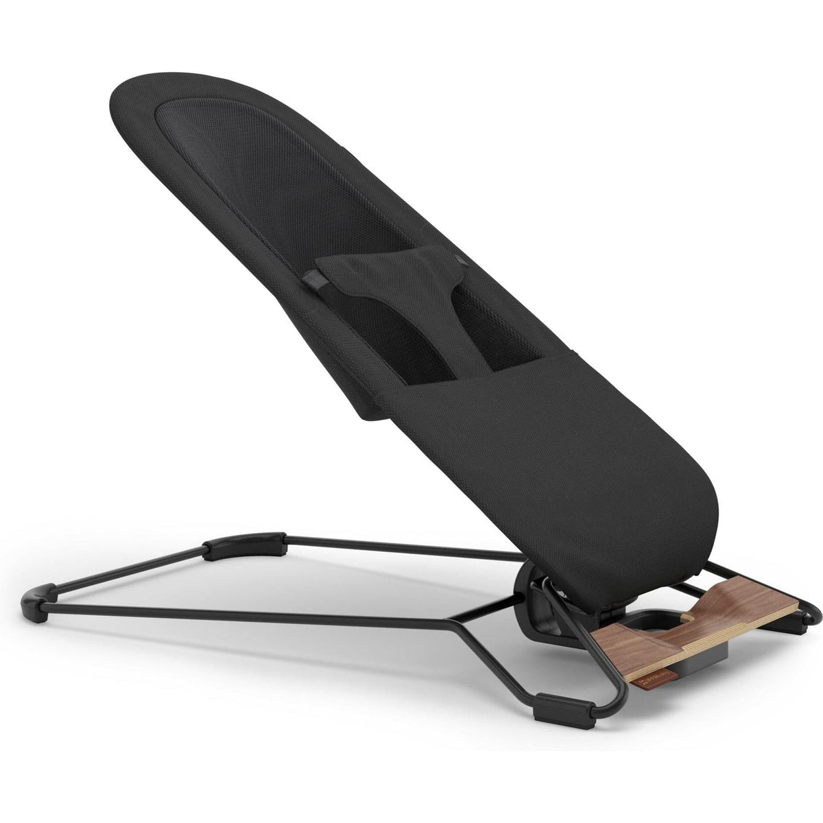 A modern black baby support seat with a breathable mesh fabric cover, adjustable black metal frame, and a small wooden footrest, shown on a white background.