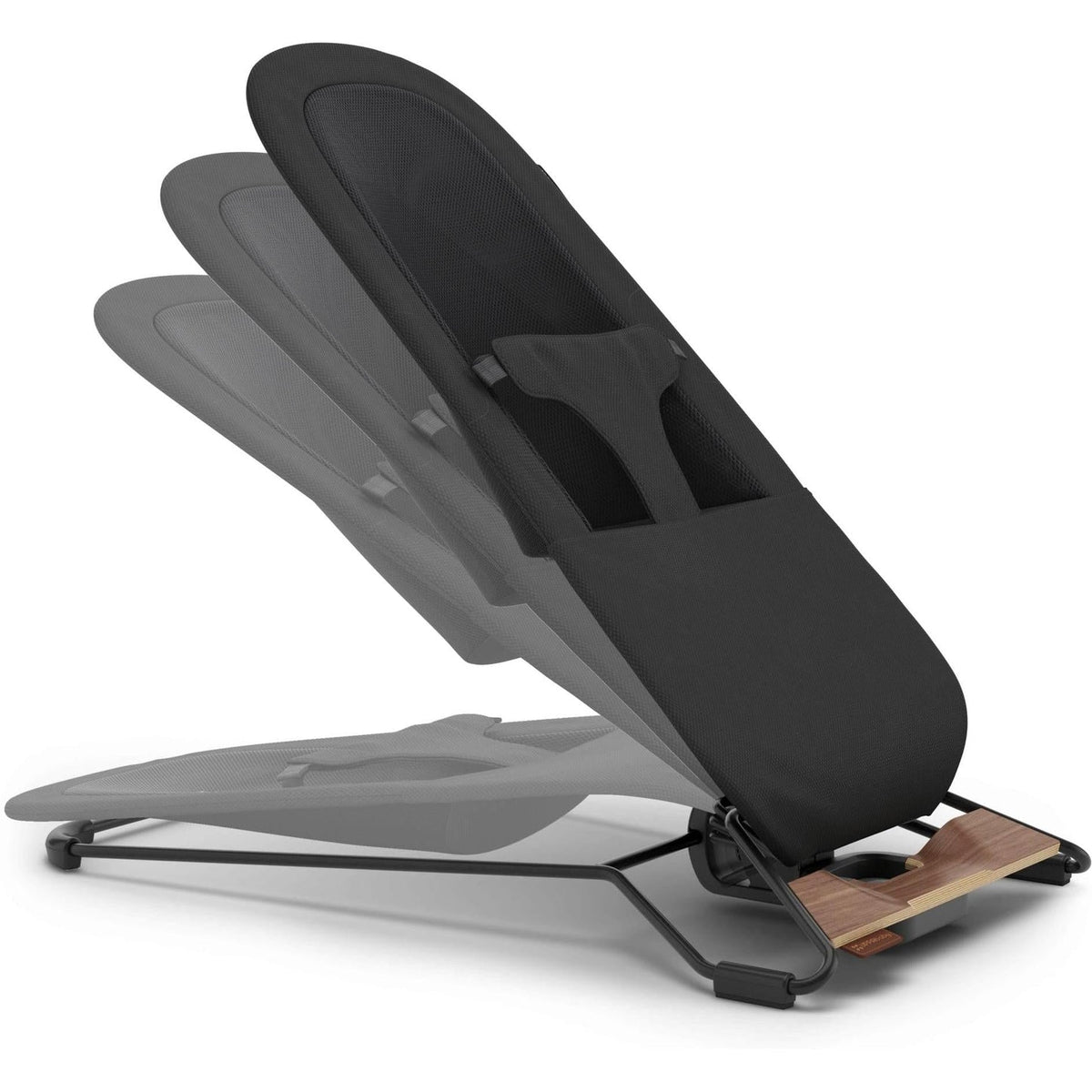 A modern baby seat or infant car seat with a black fabric liner, gray outer shell, and a wood-grain accent panel on the base, shown against a plain white background.