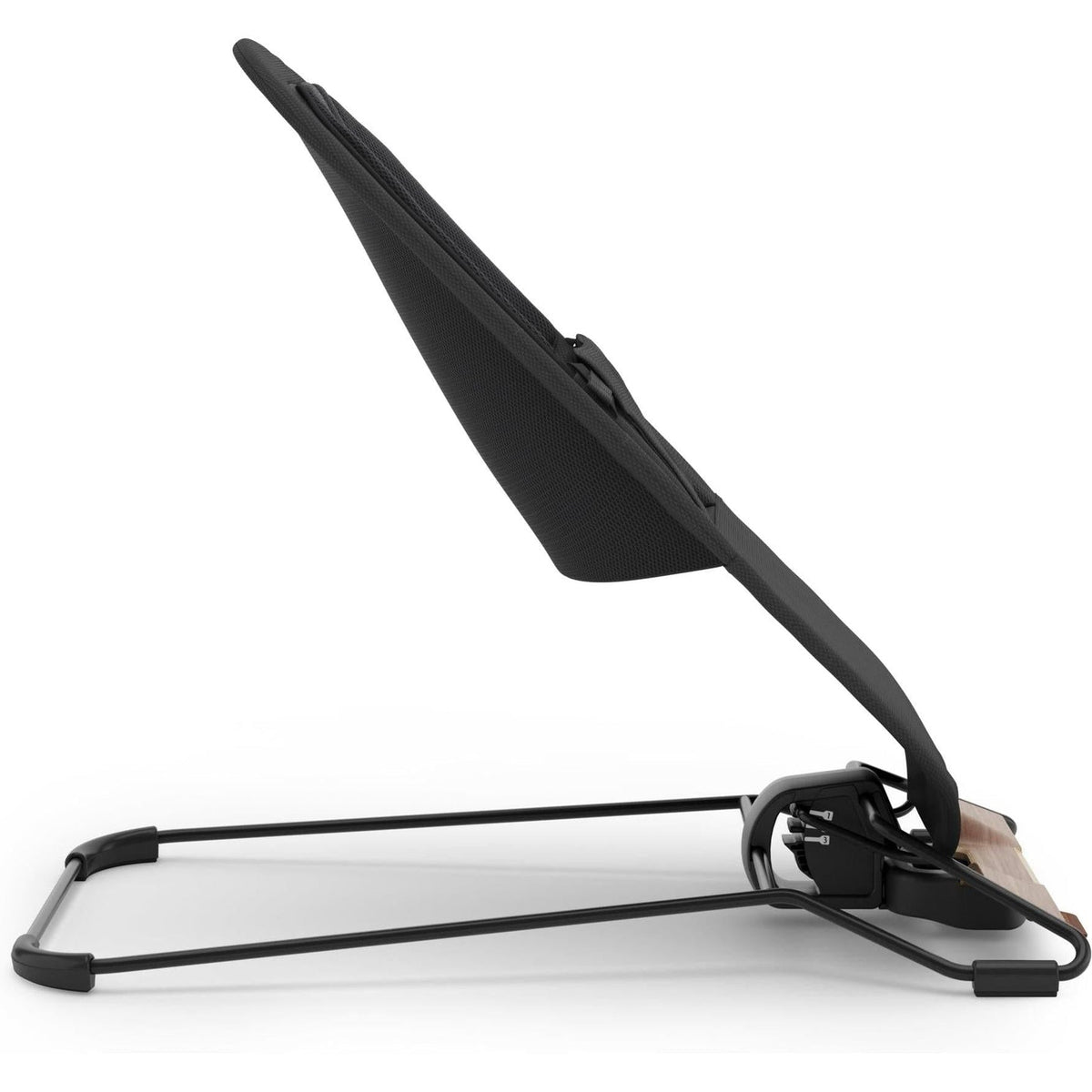 A black baby support seat with a minimalist metal frame, shown in a folded position on a clean white background.