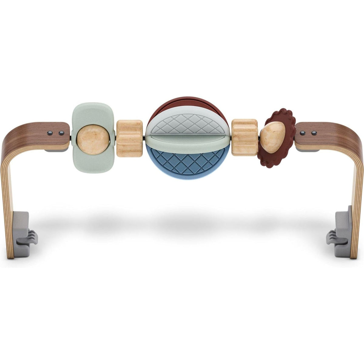 A wooden baby sensory toy with a curved natural wood frame, featuring a mint green square, a blue quilted oval, a brown textured oval, and light wood cylindrical pieces on a white background.
