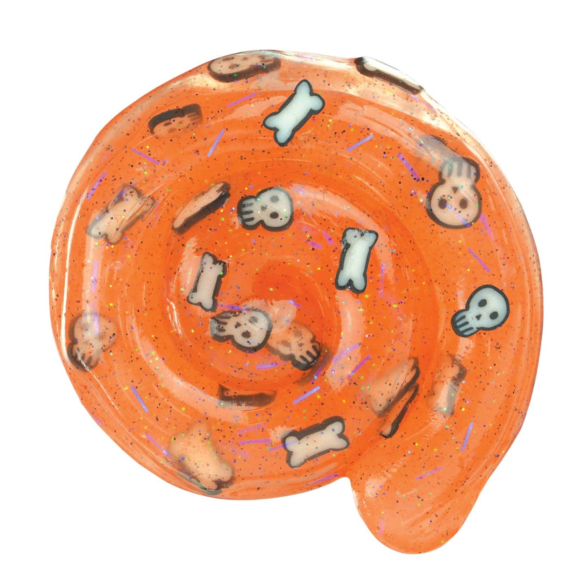Orange circular dog toy with bone and paw print patterns on a white background