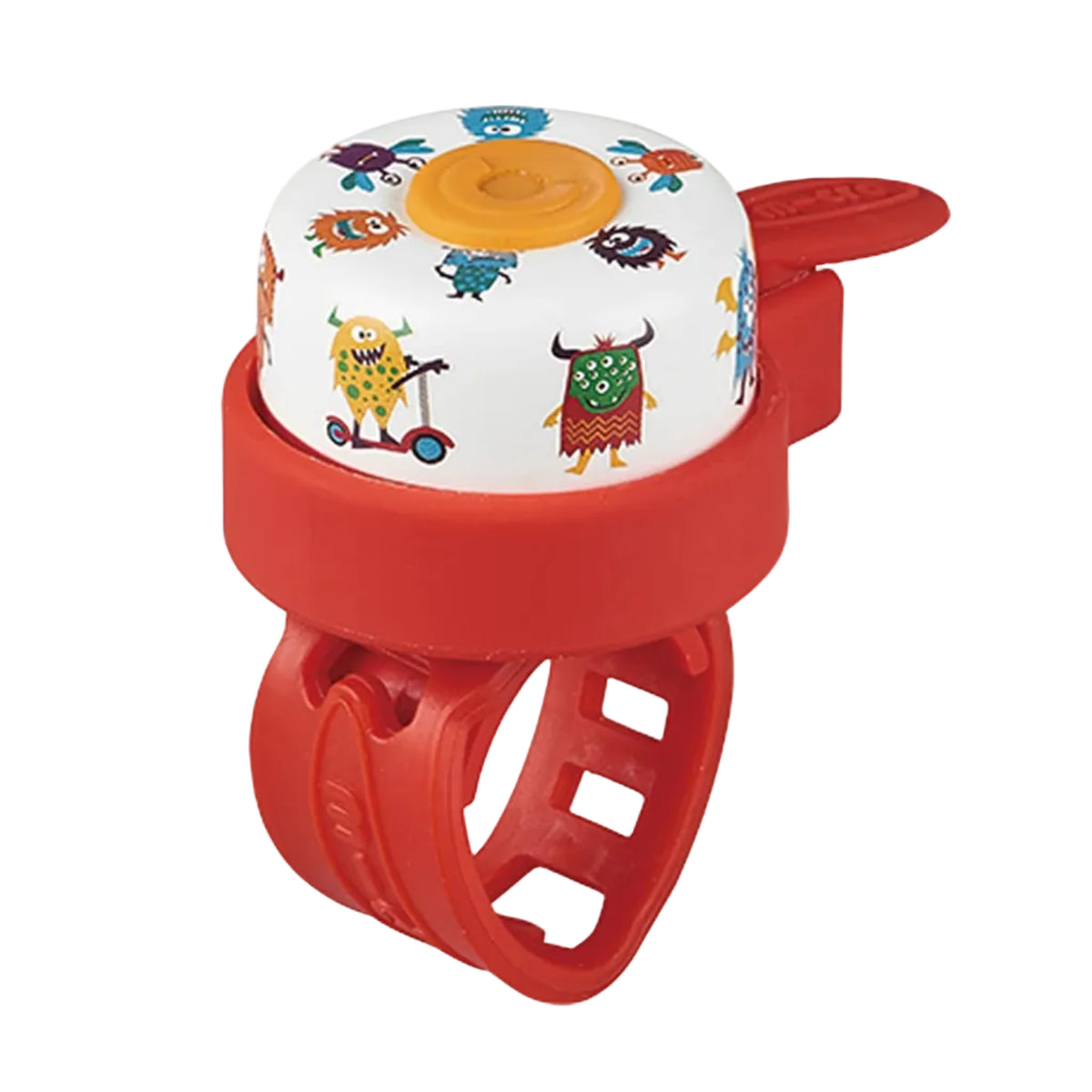 Red bicycle bell with cartoon character design on a white background