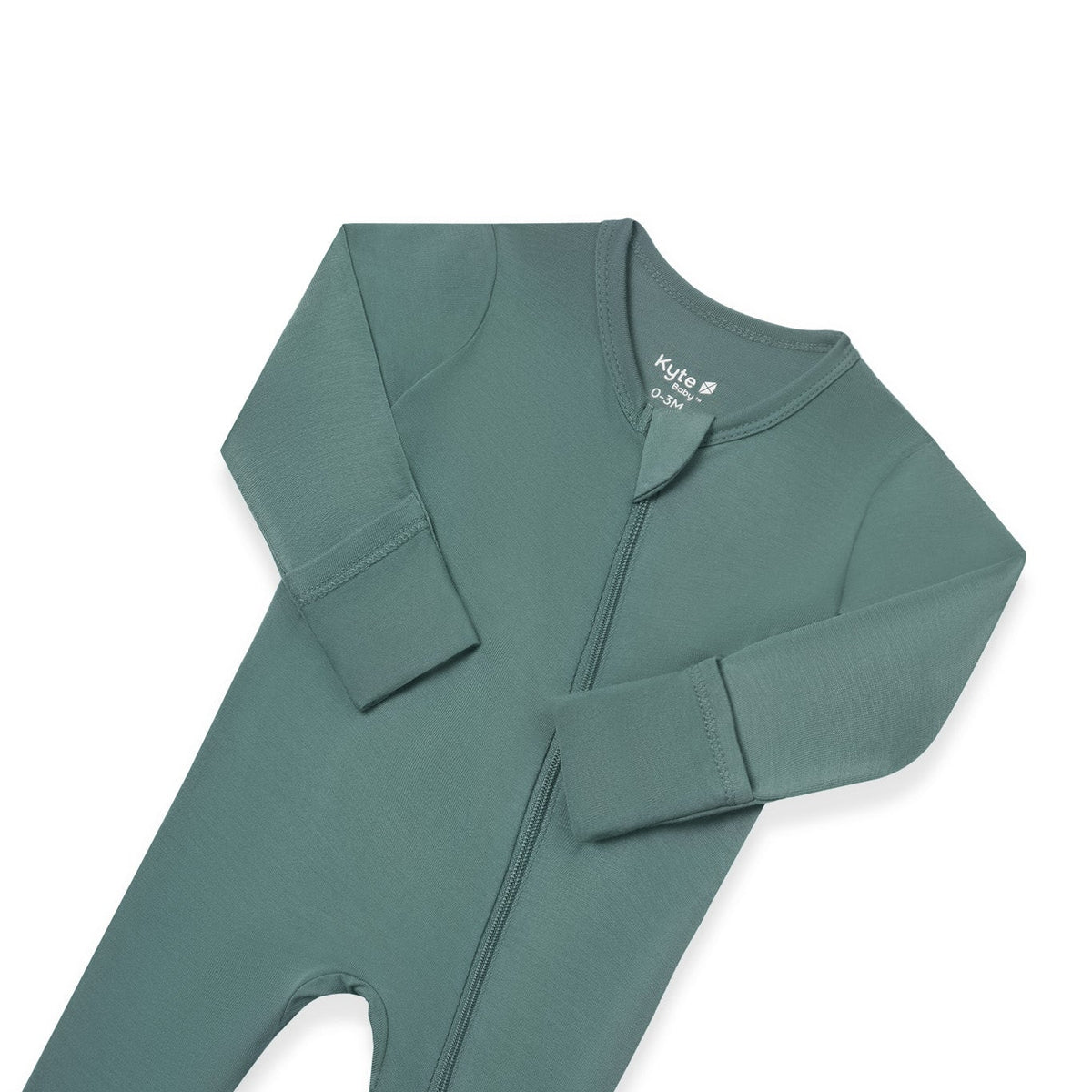 A sage green full-body zip-up sleeper or one-piece pajama laid flat on a white background.