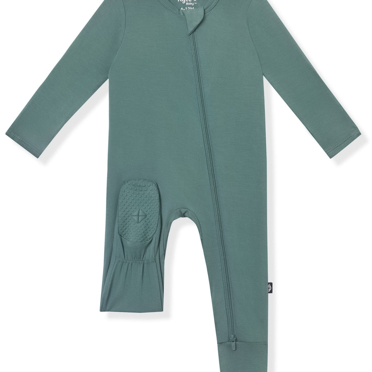 A long-sleeve baby footed sleeper in a muted sage green color, featuring a front zipper and a textured knit leg patch, shown on a plain white background.