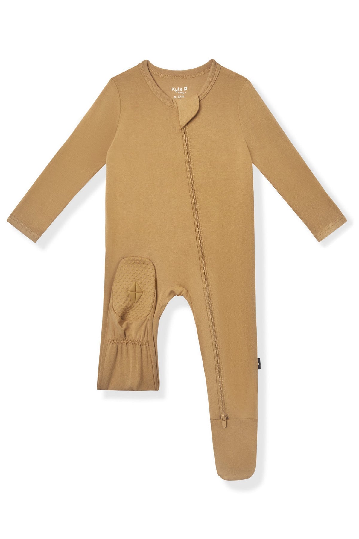 A baby sleep sack in a mustard yellow color, featuring long sleeves, a front zipper, a textured knit foot, and a built-in mitt on one leg, shown against a plain white background.