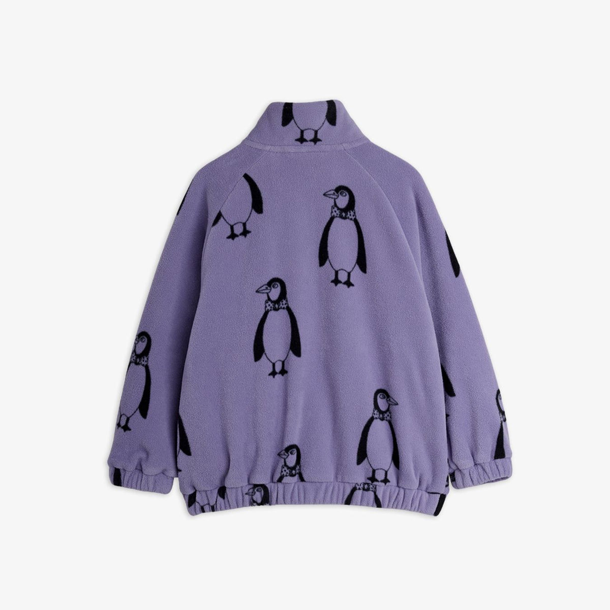 A lavender purple fleece jacket with an all-over black penguin print, featuring a mock neck and elastic cuffs and hem, shown against a plain light gray background.