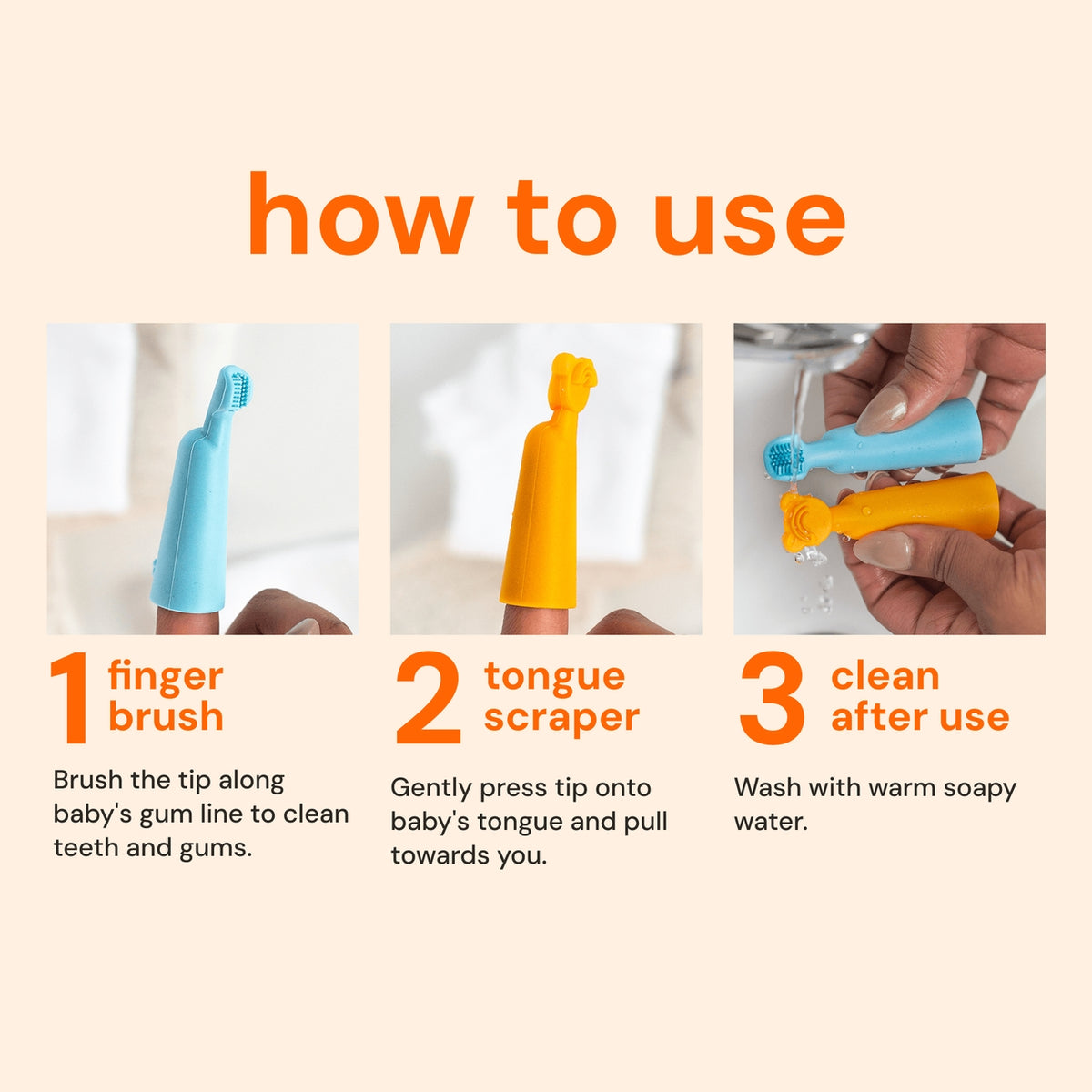 Instructions on how to use a baby dental care tool with images and text.