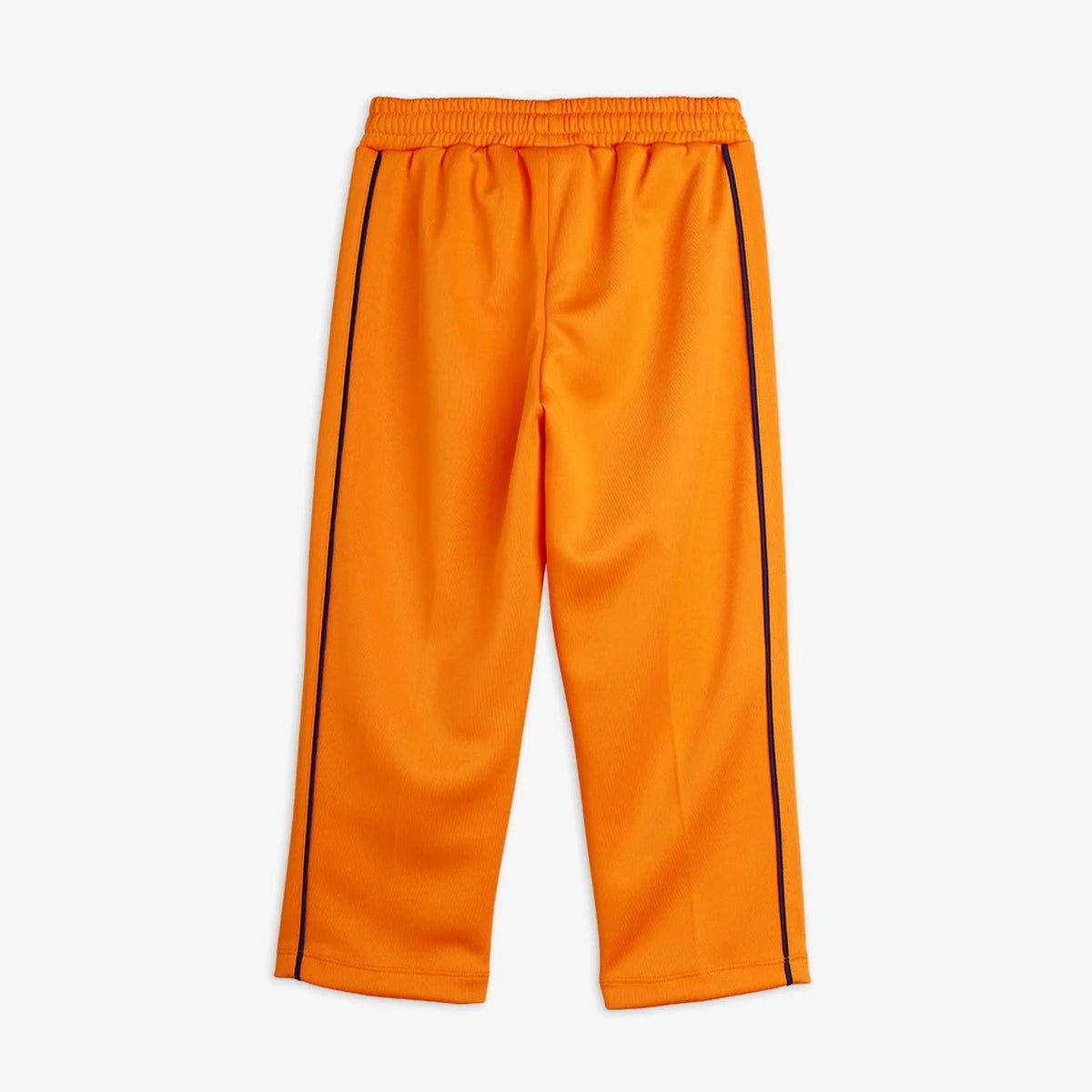 Bright orange athletic pants with black side piping and an elastic waistband, shown flat against a light gray background.
