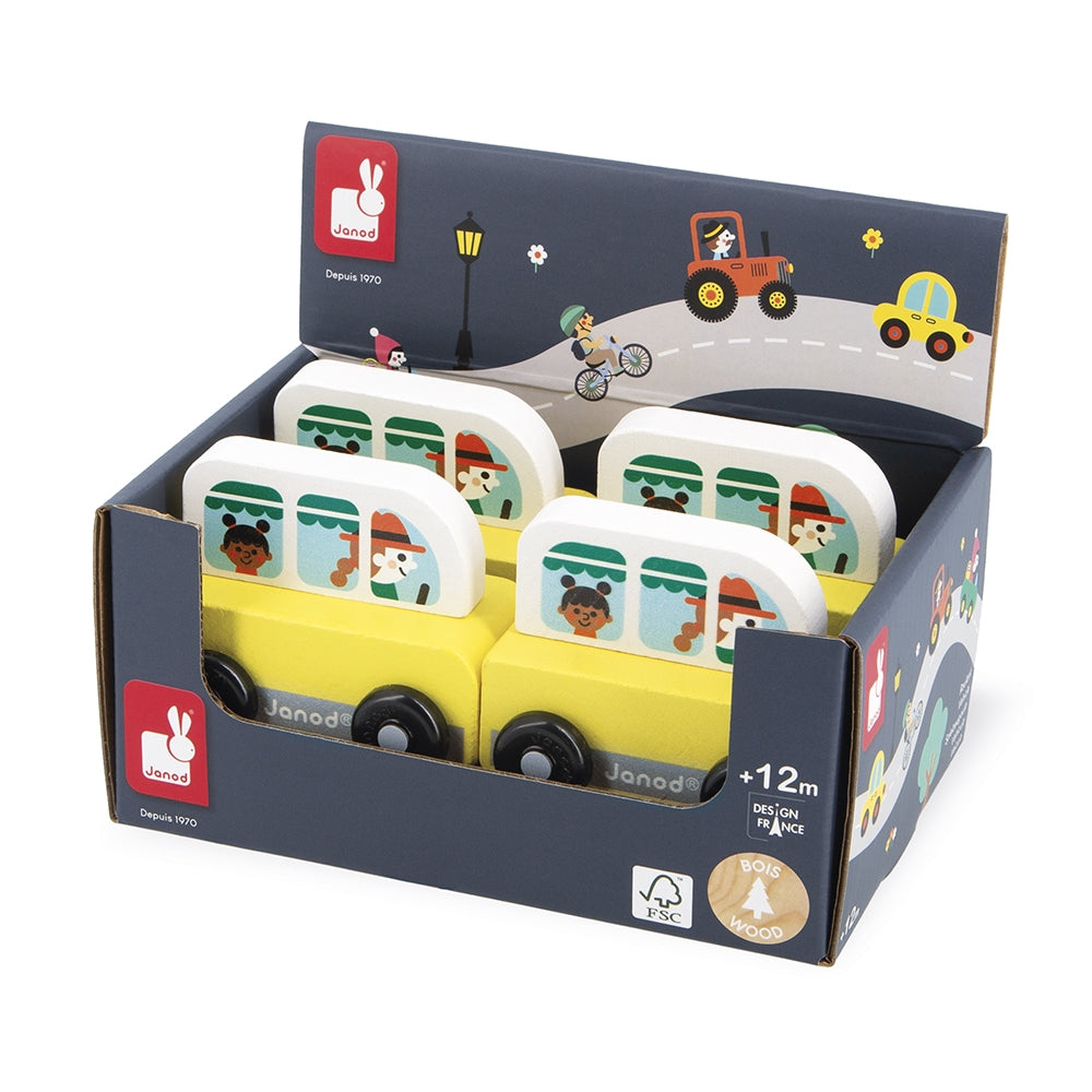 A children's wooden toy set of colorful toy buses displayed inside branded retail packaging. The set includes multiple small wooden buses in yellow, white, green, and red, each with illustrated animal windows.