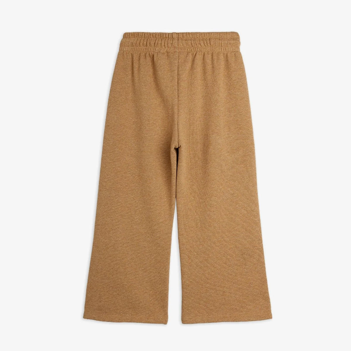A pair of wide-leg cropped pants in a heathered camel brown color, featuring an elastic waistband, shown against a plain white background.