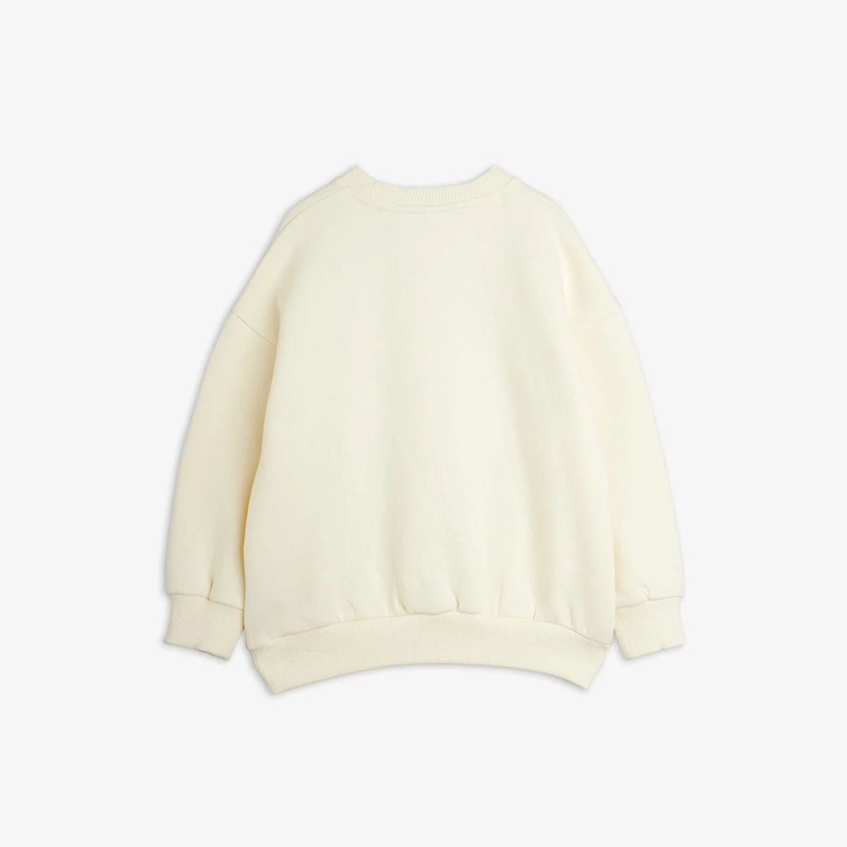 A cream-colored crewneck sweatshirt shown from the back, laid flat against a light gray background.