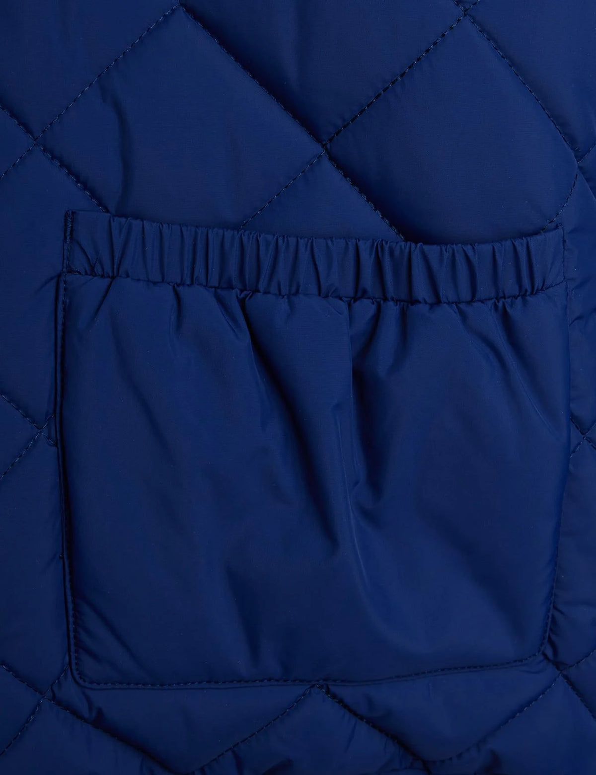 Close-up of a quilted navy blue puffer jacket showing a diamond-stitched pattern and a front pocket with an elasticated opening.
