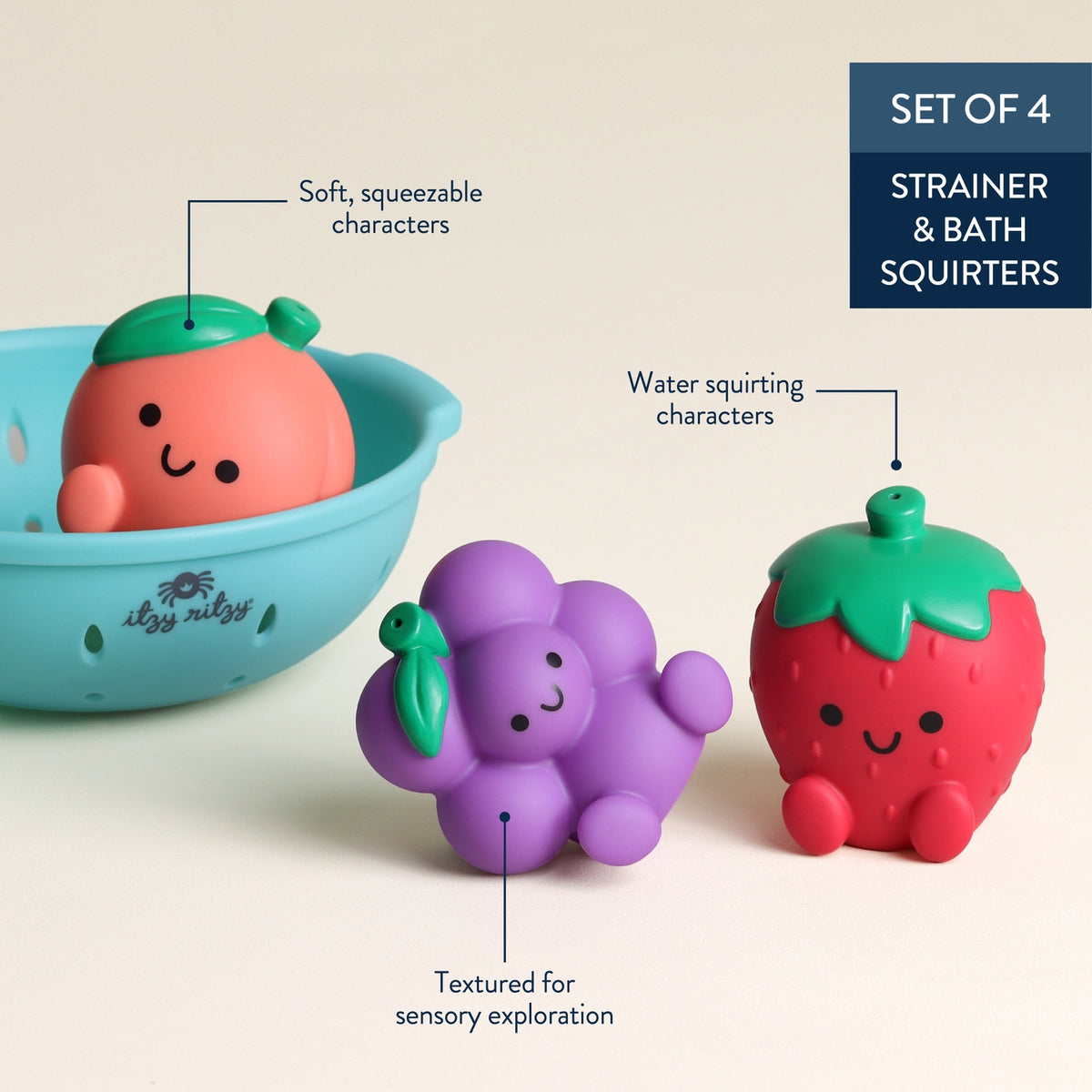 Set of four bath squirters shaped like a tomato, grape, and strawberry with text describing features on a beige background.
