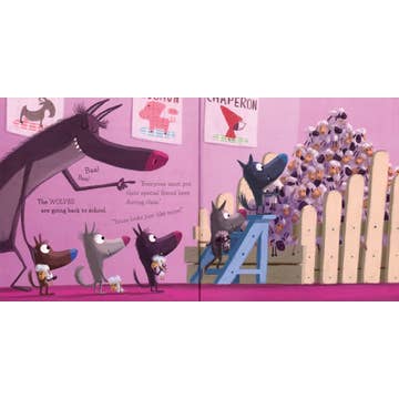 Illustrated book page with cartoon donkeys and a pink background