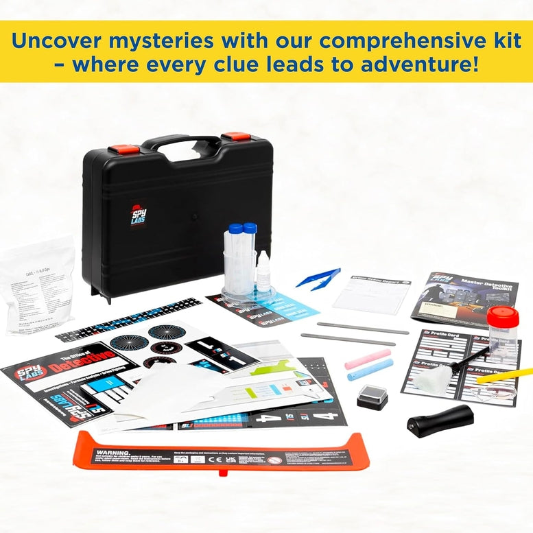 A comprehensive kit displayed on a white background with a yellow header banner. The kit includes a black hard carrying case, two clear bottles with blue caps, a blue pen, a black flashlight, a black tool with an orange handle, stickers, printed cards, and other small accessories.